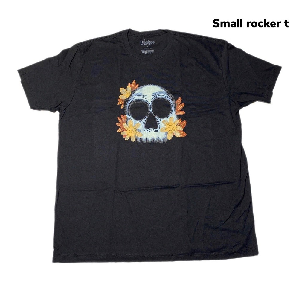 Small LuLaRoe ROCKER T Halloween Skull/FLOWERS Glow In Dark Fits 6/8 Cotton